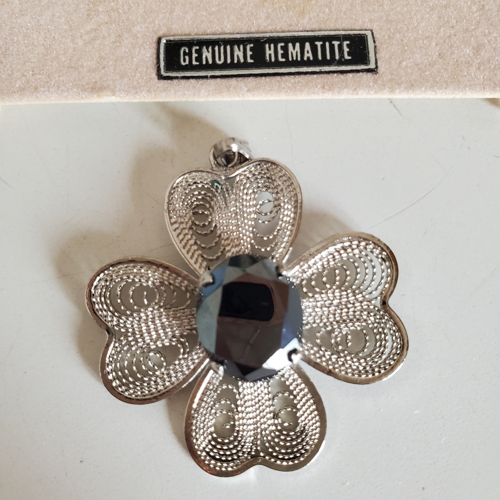 VTG Genuine Hematite & Silver Flower Shaped Pendant Finely Wired 1.25" Diameter